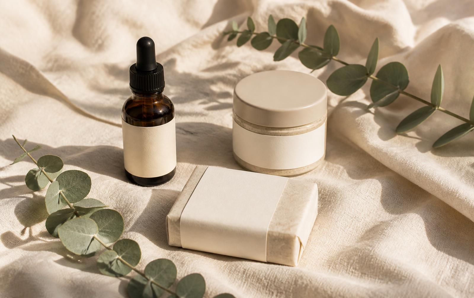 Amber dropper bottle, ceramic jar and wrapped soap bar on cream linen with eucalyptus